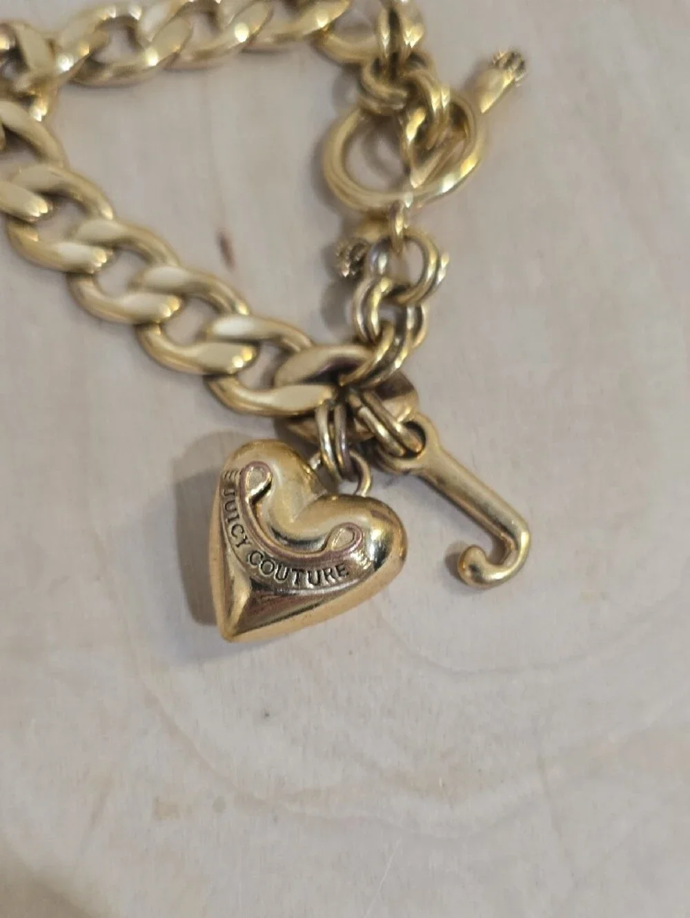 Juicy Couture Gold Heart Charm Toggle Bracelet with Initial J